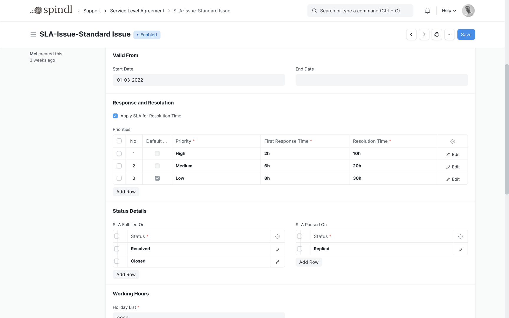 Service level agreement